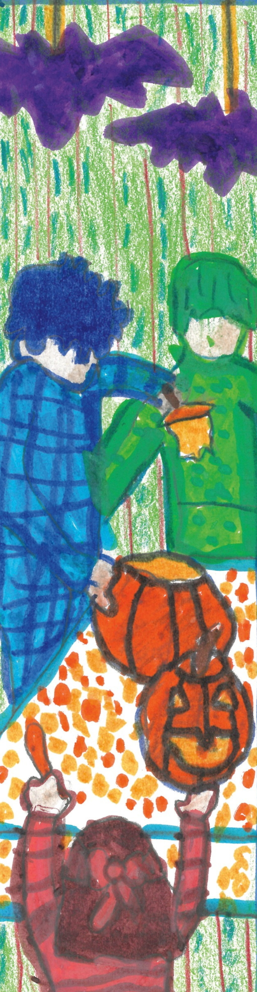 A child dressed in blue shares candy with a person in a green costume on Halloween while another child reaches for a jack-o'-lantern candy bucket beneath purple clouds.