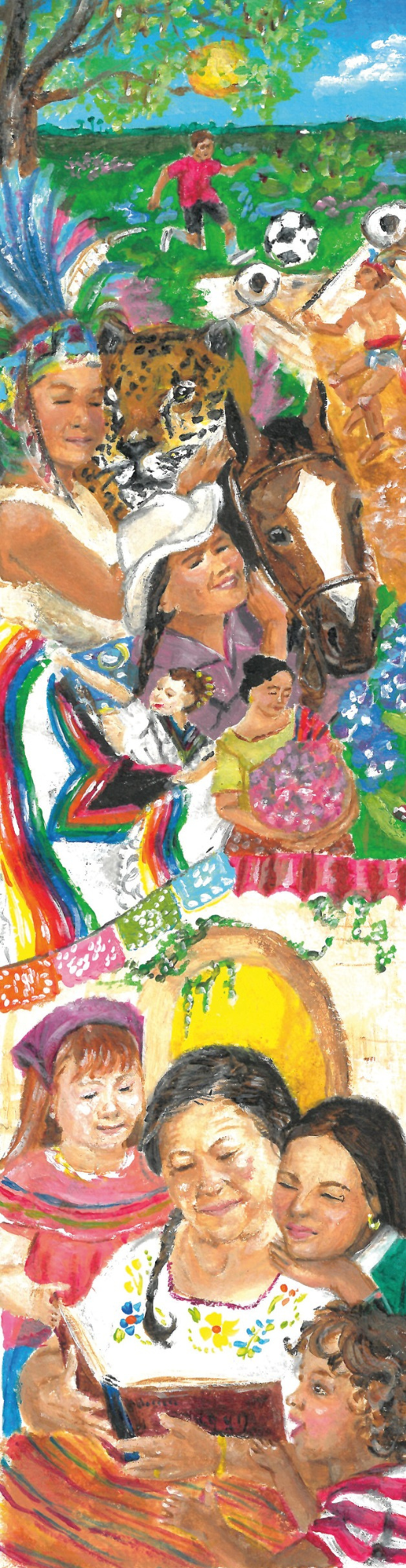 A colorful collage celebrating Mexican culture with a family reading together, folklórico dancers, wildlife, sports, flowers, horses, and traditional celebrations.