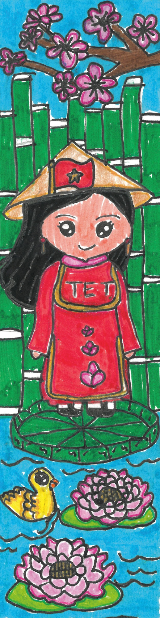 A stylized illustration of a young woman wearing traditional Vietnamese clothing standing before bamboo and cherry blossoms, with lotus flowers floating in the water below.
